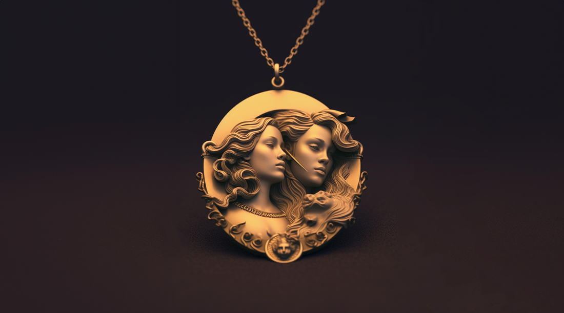 Gemini Twin Sisters inside a Gold Necklace